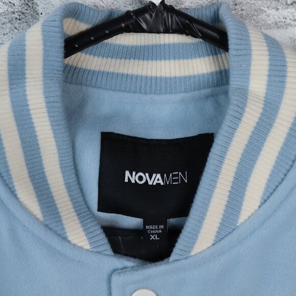 Nova Men Cone Applique Varsity Bomber Button Down Jacket Light Blue Size Xl - Picture 4 of 16